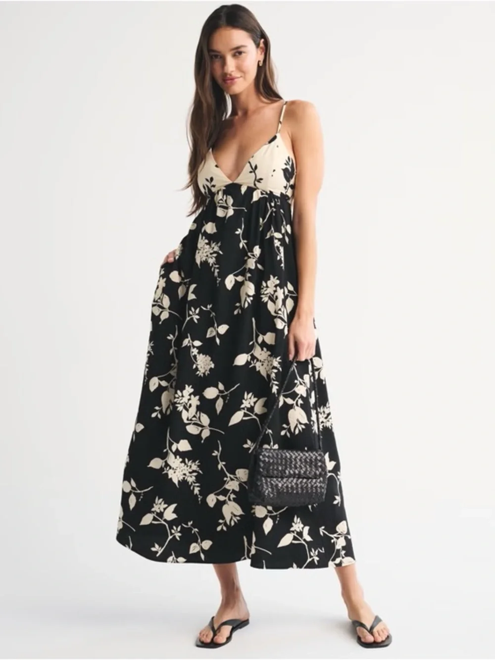 Abercrombie & Fitch Black and Cream Floral Spaghetti Strap Maxi Dress